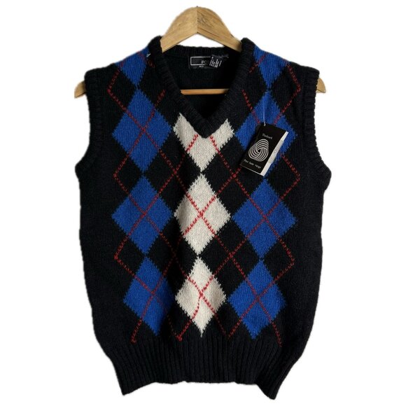 Vintage Sweater Vest Women M Navy Blue Red Argyle Wool 80s 90s Academia Preppy - Picture 1 of 13